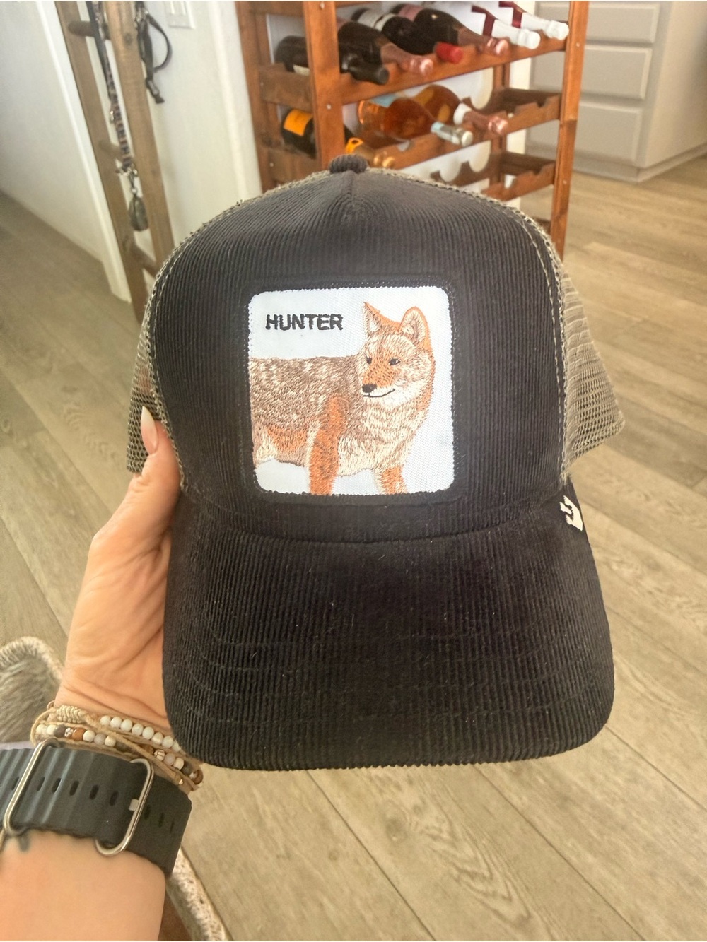 Goorin Bros Black Corduroy Trucker Cap with Wolf Patch